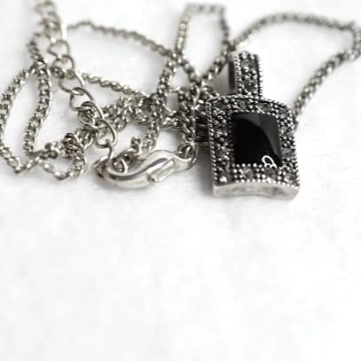 Victorian Black Stone Clear Rhinestone Link Chain Chic Pendant 18"Necklace